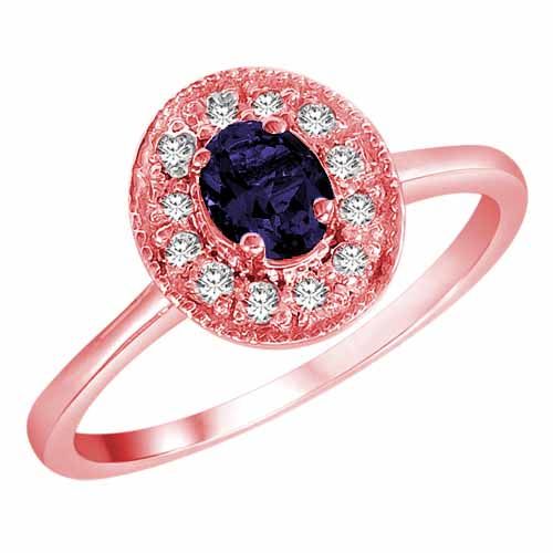 18K Rose Gold Round Oval Blue Sapphire and Diamond Ring