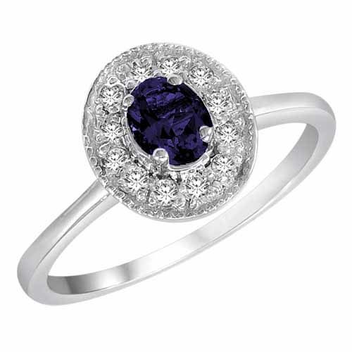 14K White Gold Round Oval Blue Sapphire and Diamond Ring