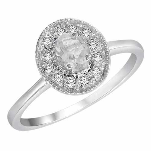 10K White Gold Round Oval White Quartz and Diamond Ring