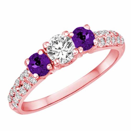 10K Rose Gold Round 3 Stone Diamond and Amethyst Engagement Ring With Double Row Pave Set Shank (1.15 cttw)