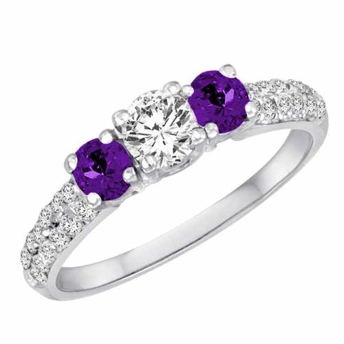 10K White Gold Round 3 Stone Diamond and Amethyst Engagement Ring With Double Row Pave Set Shank (1.15 cttw)