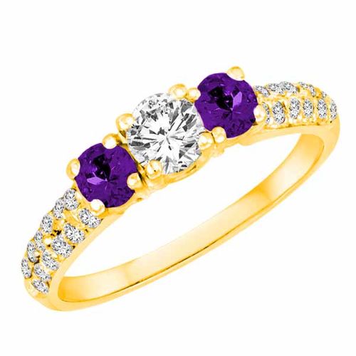 10K Yellow Gold Round 3 Stone Diamond and Amethyst Engagement Ring With Double Row Pave Set Shank (1.15 cttw)