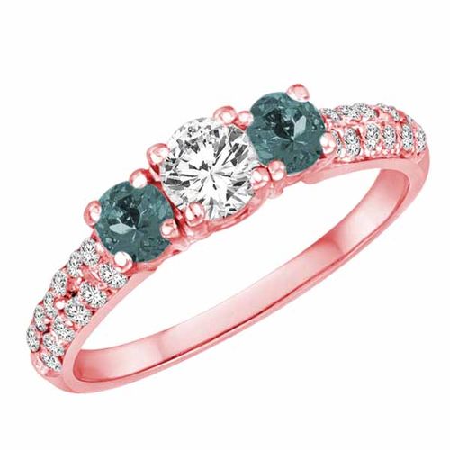 18K Rose Gold Round 3 Stone Diamond and Aquamarine Engagement Ring With Double Row Pave Set Shank (1.15 cttw)