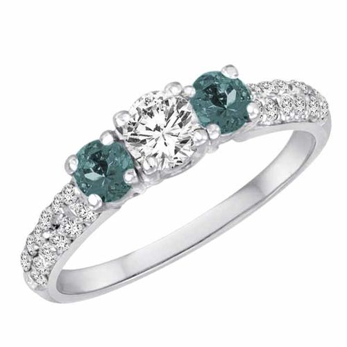 14K White Gold Round 3 Stone Diamond and Aquamarine Engagement Ring With Double Row Pave Set Shank (1.15 cttw)