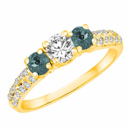 10K Yellow Gold Round 3 Stone Diamond and Aquamarine Engagement Ring With Double Row Pave Set Shank (1.15 cttw)