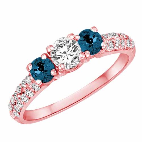 10K Rose Gold 3 Stone Diamond and Blue Diamond Accented Engagement Ring With Double Row Pave Set Shank (1 cttw)