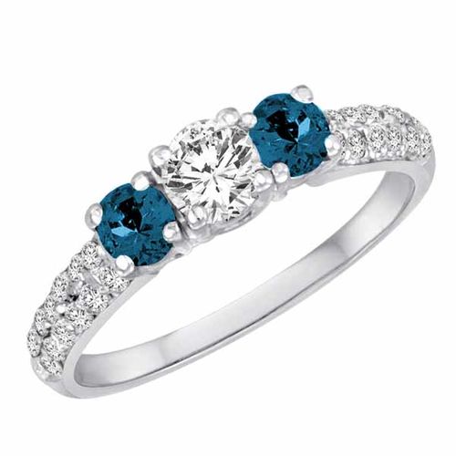 Platinum 3 Stone Diamond and Blue Diamond Accented Engagement Ring With Double Row Pave Set Shank (1 cttw)