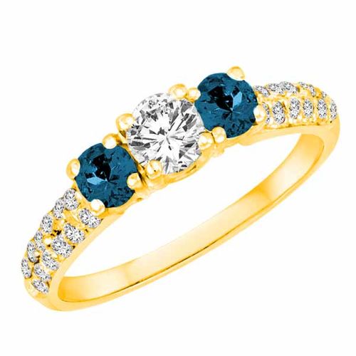 18K Yellow Gold 3 Stone Diamond and Blue Diamond Accented Engagement Ring With Double Row Pave Set Shank (1 cttw)