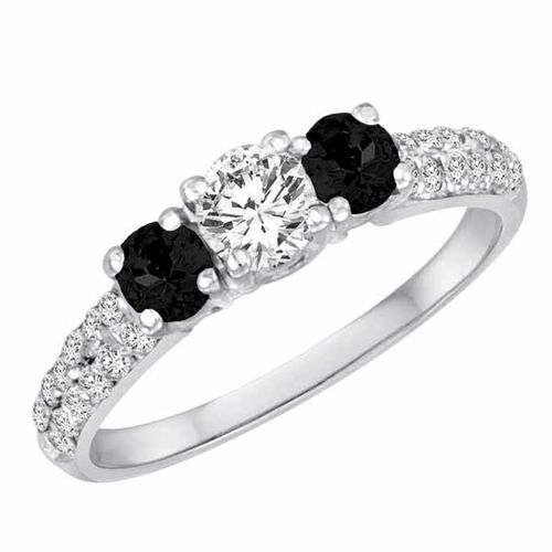 18K White Gold Round 3 Stone Diamond and Black Diamond Engagement Ring With Double Row Pave Set Shank (1.15 cttw)