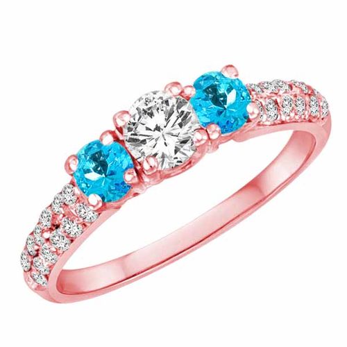 14K Rose Gold Round 3 Stone Diamond and Blue Topaz Engagement Ring With Double Row Pave Set Shank (1.15 cttw)