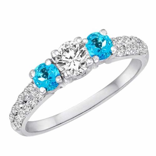 14K White Gold Round 3 Stone Diamond and Blue Topaz Engagement Ring With Double Row Pave Set Shank (1.15 cttw)