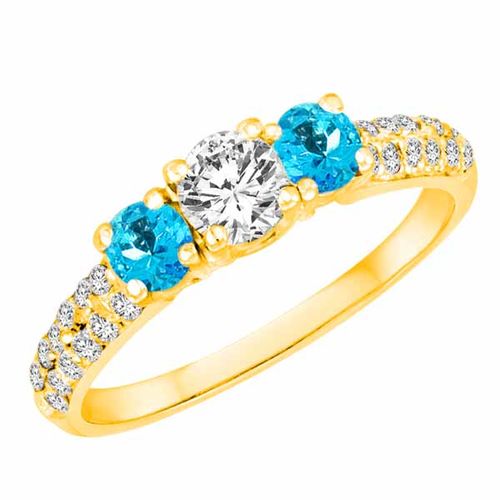 14K Yellow Gold Round 3 Stone Diamond and Blue Topaz Engagement Ring With Double Row Pave Set Shank (1.15 cttw)
