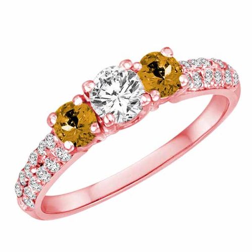 14K Rose Gold Round 3 Stone Diamond and Citrine Engagement Ring With Double Row Pave Set Shank (1.15 cttw)