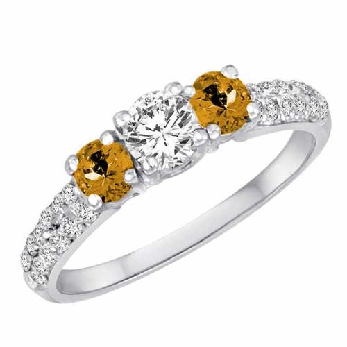 18K White Gold Round 3 Stone Diamond and Citrine Engagement Ring With Double Row Pave Set Shank (1.15 cttw)