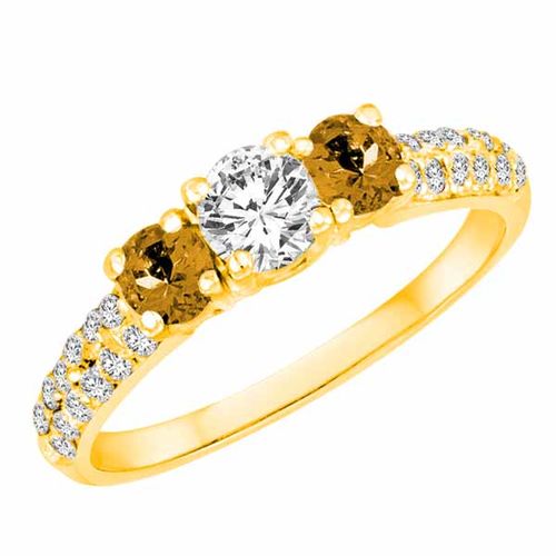10K Yellow Gold Round 3 Stone Diamond and Citrine Engagement Ring With Double Row Pave Set Shank (1.15 cttw)