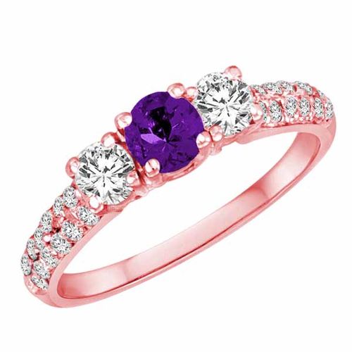10K Rose Gold Round 3 Stone Diamond and Amethyst Engagement Ring With Double Row Pave Set Shank (1.10 cttw)