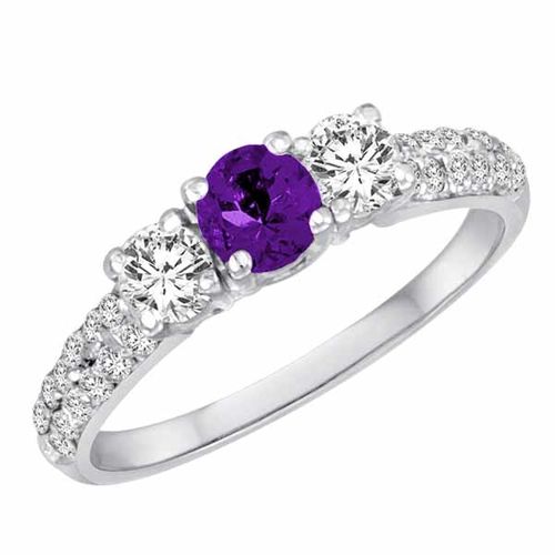 14K White Gold Round 3 Stone Diamond and Amethyst Engagement Ring With Double Row Pave Set Shank (1.10 cttw)