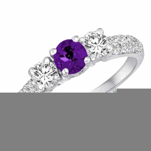 Platinum Round 3 Stone Diamond and Amethyst Engagement Ring With Double Row Pave Set Shank (1.10 cttw)