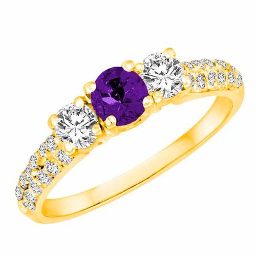 14K Yellow Gold Round 3 Stone Diamond and Amethyst Engagement Ring With Double Row Pave Set Shank (1.10 cttw)