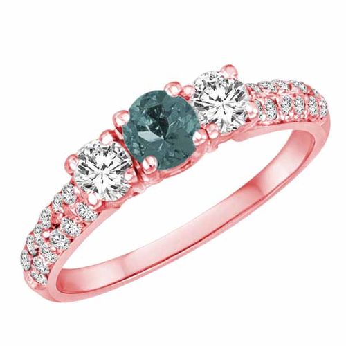10K Rose Gold Round 3 Stone Diamond and Aquamarine Engagement Ring With Double Row Pave Set Shank (1.10 cttw)
