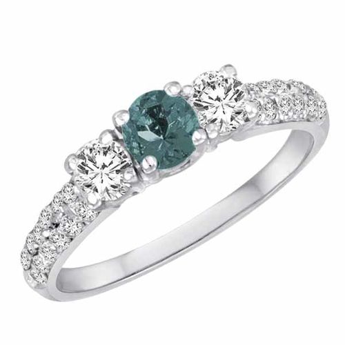 18K White Gold Round 3 Stone Diamond and Aquamarine Engagement Ring With Double Row Pave Set Shank (1.10 cttw)