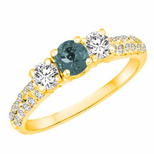 18K Yellow Gold Round 3 Stone Diamond and Aquamarine Engagement Ring With Double Row Pave Set Shank (1.10 cttw)