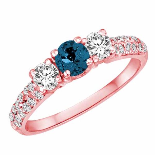 10K Rose Gold 3 Stone Blue Diamond and White Diamond Engagement Ring With Double Row Pave Set Shank (1 cttw)