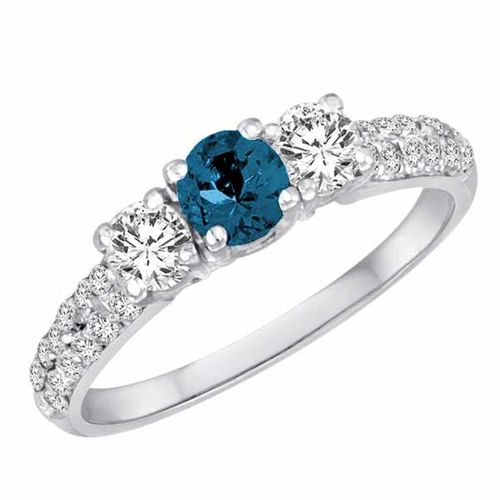 Platinum 3 Stone Blue Diamond and White Diamond Engagement Ring With Double Row Pave Set Shank (1 cttw)