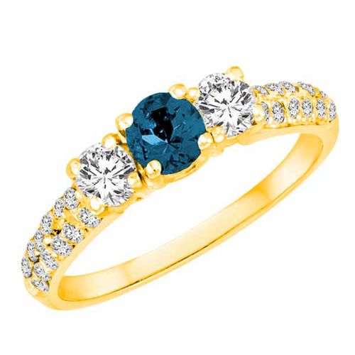 10K Yellow Gold 3 Stone Blue Diamond and White Diamond Engagement Ring With Double Row Pave Set Shank (1 cttw)