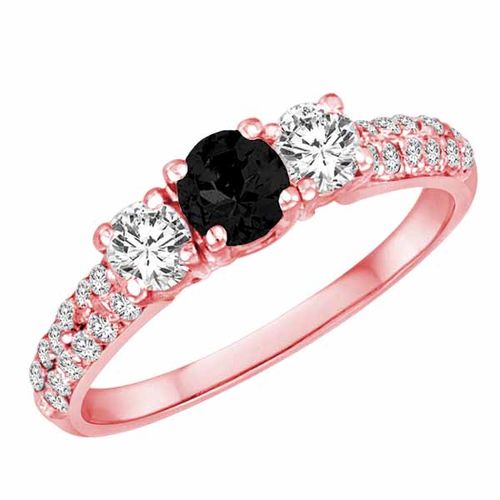 18K Rose Gold Round 3 Stone Diamond and Black Diamond Engagement Ring With Double Row Pave Set Shank (1.10 cttw)