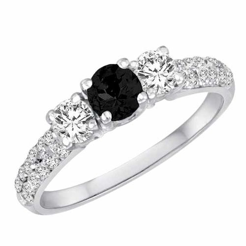 14K White Gold Round 3 Stone Diamond and Black Diamond Engagement Ring With Double Row Pave Set Shank (1.10 cttw)