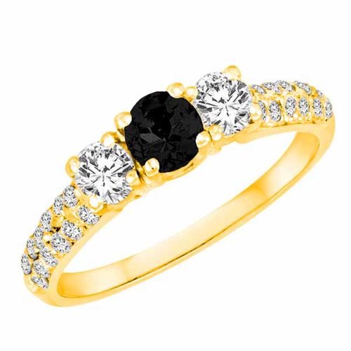 14K Yellow Gold Round 3 Stone Diamond and Black Diamond Engagement Ring With Double Row Pave Set Shank (1.10 cttw)