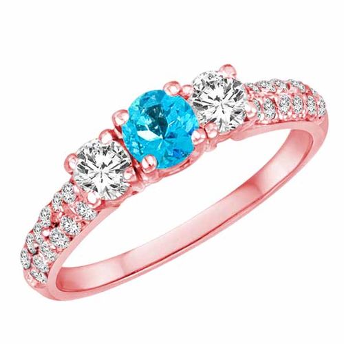 18K Rose Gold Round 3 Stone Diamond and Blue Topaz Engagement Ring With Double Row Pave Set Shank (1.10 cttw)