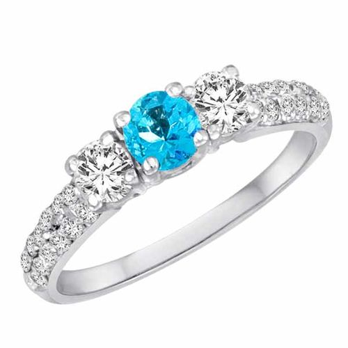18K White Gold Round 3 Stone Diamond and Blue Topaz Engagement Ring With Double Row Pave Set Shank (1.10 cttw)