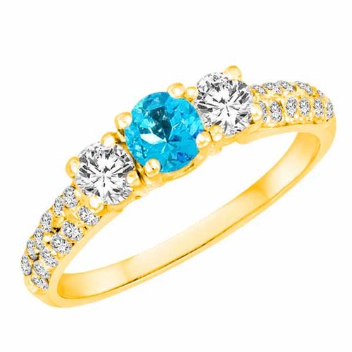 10K Yellow Gold Round 3 Stone Diamond and Blue Topaz Engagement Ring With Double Row Pave Set Shank (1.10 cttw)