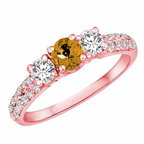 10K Rose Gold Round 3 Stone Diamond and Citrine Engagement Ring With Double Row Pave Set Shank (1.10 cttw)