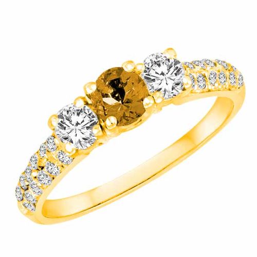 18K Yellow Gold Round 3 Stone Diamond and Citrine Engagement Ring With Double Row Pave Set Shank (1.10 cttw)
