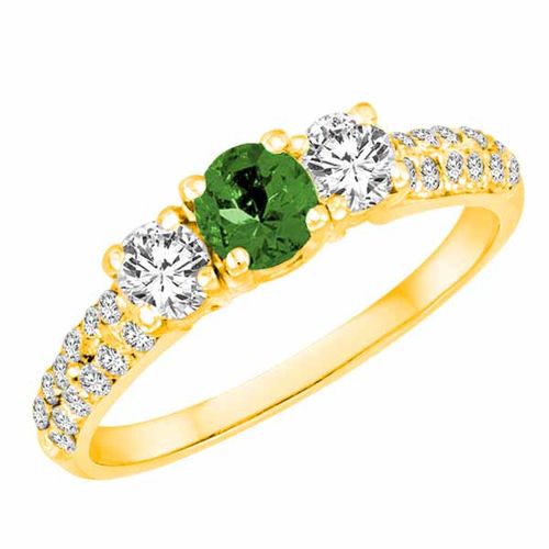 14K Yellow Gold Round 3 Stone Diamond and Emerald Engagement Ring With Double Row Pave Set Shank (1.10 cttw)