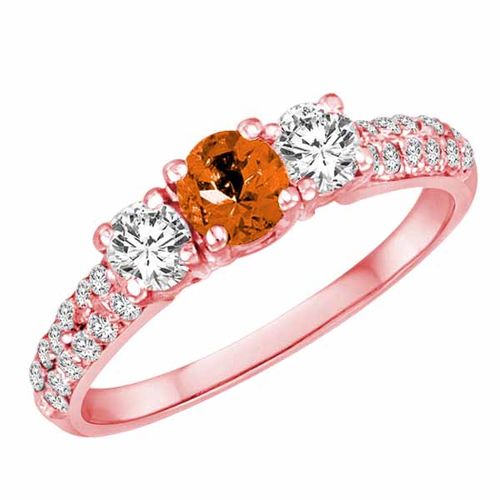 18K Rose Gold Round 3 Stone Diamond and Fire Opal Engagement Ring With Double Row Pave Set Shank (1.10 cttw)