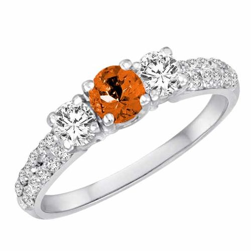 18K White Gold Round 3 Stone Diamond and Fire Opal Engagement Ring With Double Row Pave Set Shank (1.10 cttw)