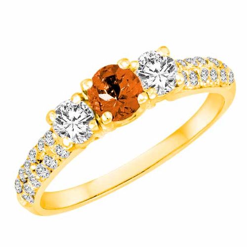 10K Yellow Gold Round 3 Stone Diamond and Fire Opal Engagement Ring With Double Row Pave Set Shank (1.10 cttw)