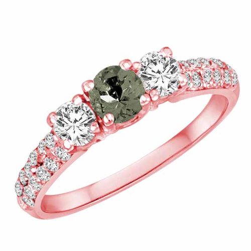 18K Rose Gold Round 3 Stone Diamond and Green Amethyst Engagement Ring With Double Row Pave Set Shank (1.10 cttw)