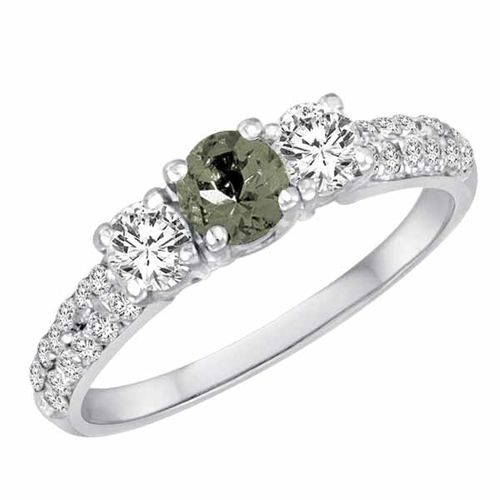 10K White Gold Round 3 Stone Diamond and Green Amethyst Engagement Ring With Double Row Pave Set Shank (1.10 cttw)