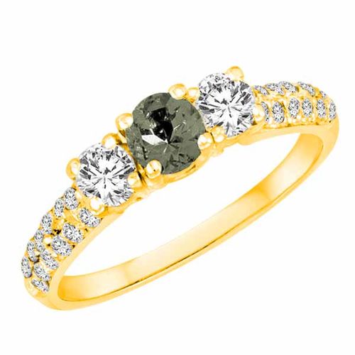 10K Yellow Gold Round 3 Stone Diamond and Green Amethyst Engagement Ring With Double Row Pave Set Shank (1.10 cttw)