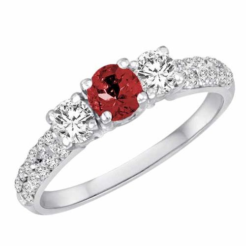 10K White Gold Round 3 Stone Diamond and Garnet Engagement Ring With Double Row Pave Set Shank (1.10 cttw)