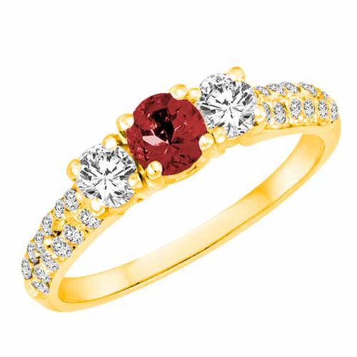 14K Yellow Gold Round 3 Stone Diamond and Garnet Engagement Ring With Double Row Pave Set Shank (1.10 cttw)