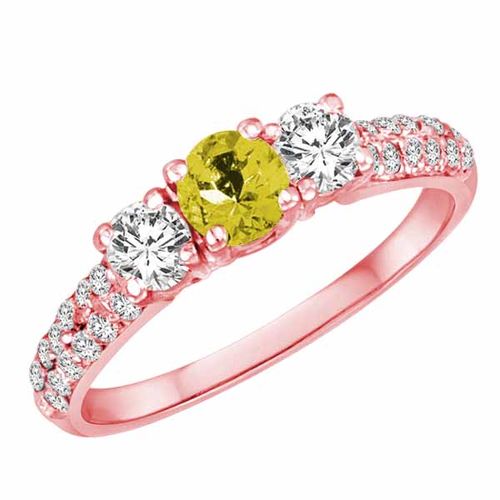 14K Rose Gold Round 3 Stone Diamond and Lemon Quartz Engagement Ring With Double Row Pave Set Shank (1.10 cttw)