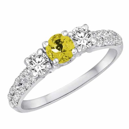 10K White Gold Round 3 Stone Diamond and Lemon Quartz Engagement Ring With Double Row Pave Set Shank (1.10 cttw)