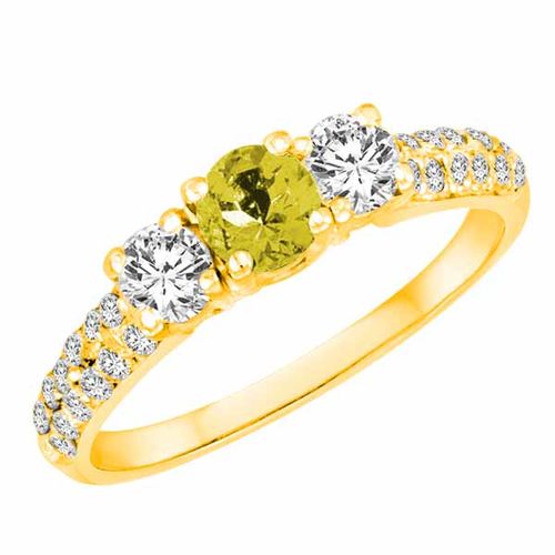 18K Yellow Gold Round 3 Stone Diamond and Lemon Quartz Engagement Ring With Double Row Pave Set Shank (1.10 cttw)