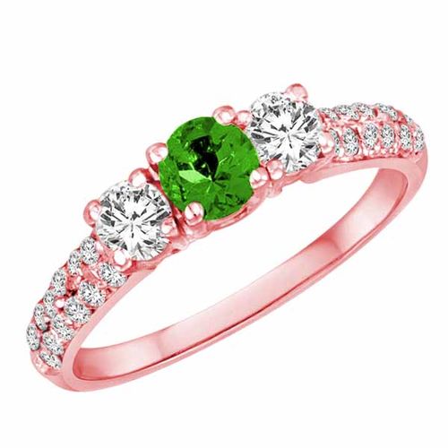 18K Rose Gold Round 3 Stone Diamond and Peridot Engagement Ring With Double Row Pave Set Shank (1.10 cttw)